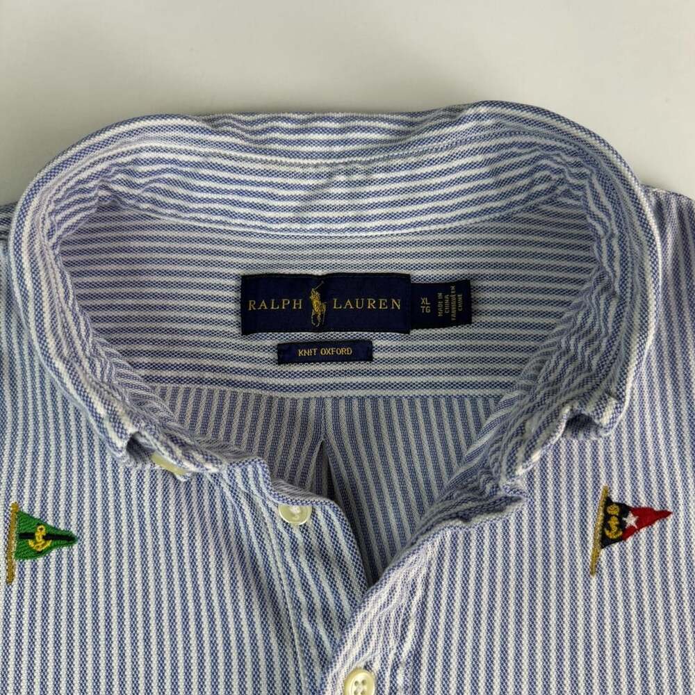 Ralph Lauren Knit Oxford Polo Shirt XL Blue White Stripe Embroidered Nautical Fl